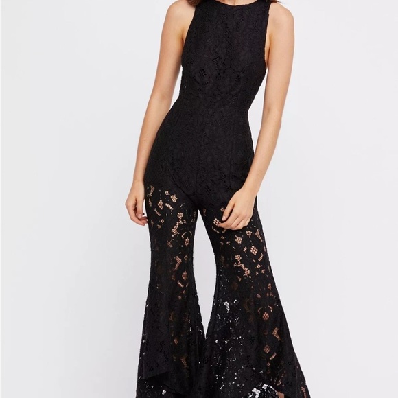 Free People Pants - FREE PEOPLE Sz6 RISE & SHINE LACE JUMPSUIT FLARE BELL BOTTOM BLACK